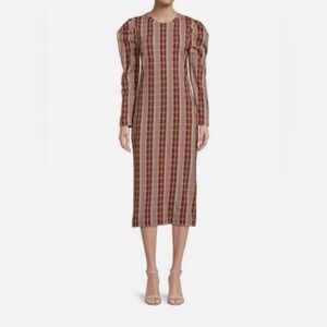 Tanya Taylor Maroon|Peachy Pink|Baby Blue Plaid Puff-Sleeve Midi Dress - Medium